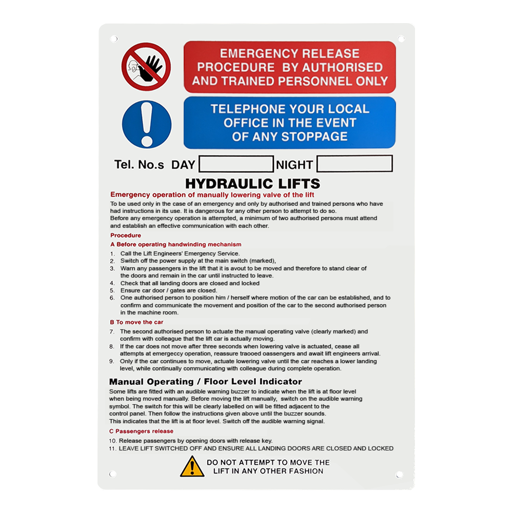 Hand Lowering Notice Hydraulic Elevator Equipment